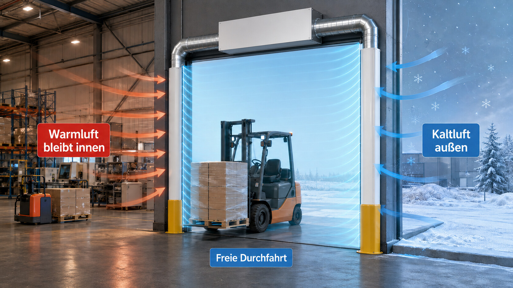 Klassische Luftschottanlage mit zentraler Ventilatoreinheit, seitlichen Ausblassäulen und freier Durchfahrt am Hallentor
