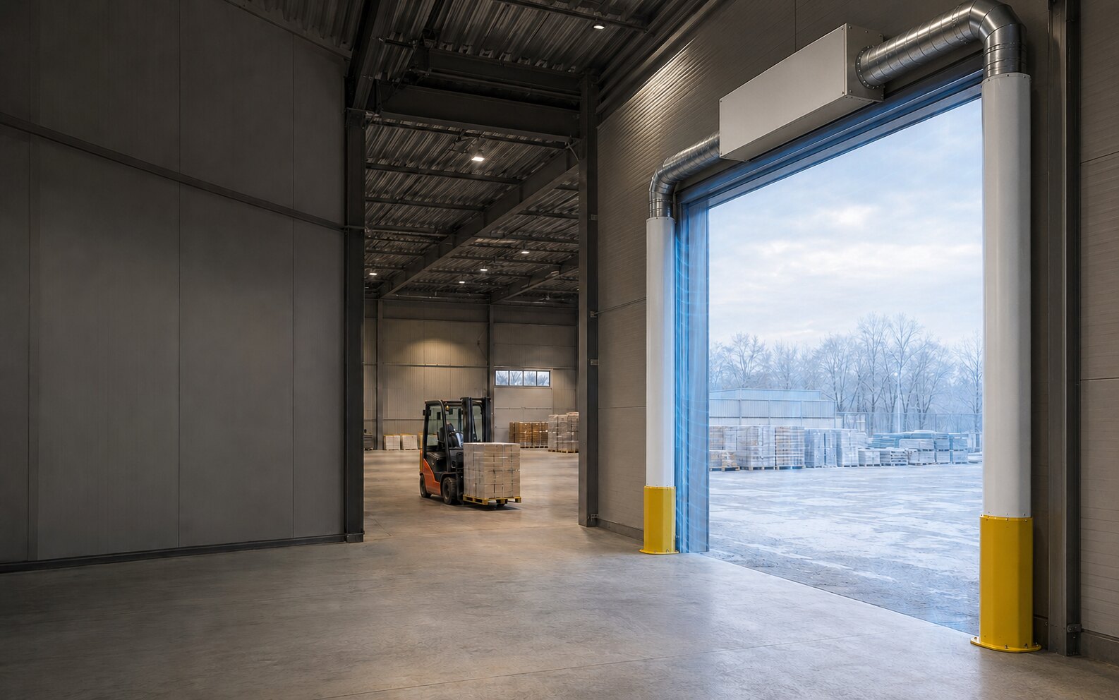 Industrielles Hallentor mit installierter Luftschottanlage